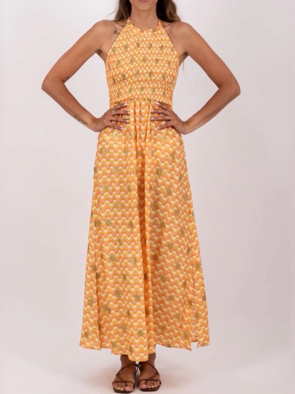 SUNDRESS Luce Arizona Halter Maxi Dress in Gold Yellow Orange